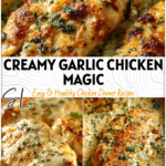 Golden baked chicken breast covered in creamy garlic parmesan sauce served with herbs for a perfect Chicken Dinner.